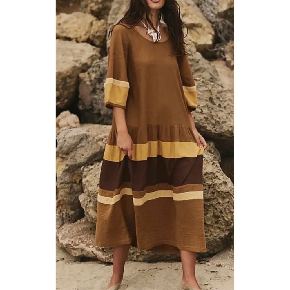 Free People Midi Maxi Dress Manda Large Lagenlook Minimalist Brown Indie Boho